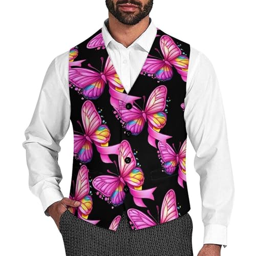 Rainbow Ribbon Breast Cancer Awareness Men's Suit Vests Business Formal Dress Vest V-Neck Waistcoat for Wedding Casual