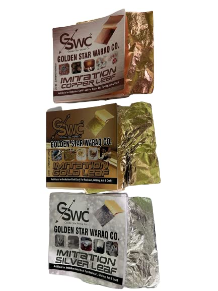 Image of GSWC 300Pc Metallic Gold Silver Copper Foils Clarity Foils Sheets Gliding Foils Imitation Foils For Diye,Fram,Art & Craft,Furniture Decoration Etc (Gold+Silver+Copper 100 Each) 8X8 Cm