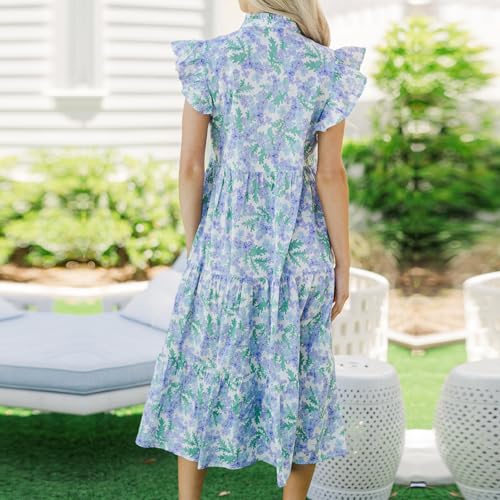 Image of Women Patchwork Dress Y2k Floral Puff Short Sleeve Maxi Dress Summer Boho Smocked Tiered Ruffle Beach Sundress