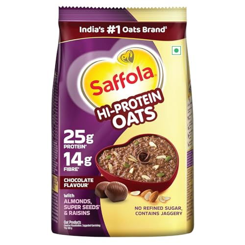 Saffola 25g High Protein Oats | 14g Fibre | 400g | Chocolate flavour | No Refined Sugar | With Almonds, Raisin, Pumpkin and Chia Seeds | Rolled Oats for Weight management & Muscle gain