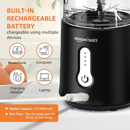Image of Amazon Basics Portable Hand Blender for Smoothies and Juices | Pulse Mode | USB Rechargeable | 6 Stainless Steel Blades | 500 ml Jar | 1 year Warranty | 2x2000 mAh Batteries (Black)