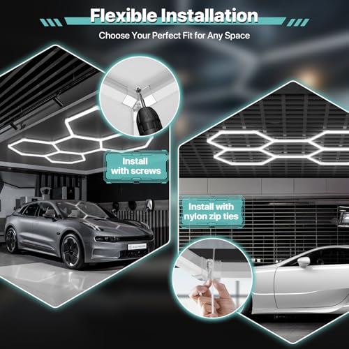 hexagon garage lights 168w 25 pack 5 grids led garage lights - easy install 6500k super bright honeycomb light for workshop warehouse car detailing shop exhibition hall gym