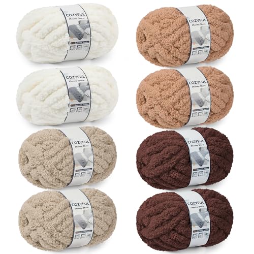 Image of Cozyful Chunky Yarn for Hand Knitting - #10 Chunky Chenille Yarn, Jumbo Big Thick Chunky Yarns for Crocheting, Super Bulky Chunky Knit Blanket Yarns, 8 Skein (25yd, 8oz/Skein), Cream & Multi Coffee