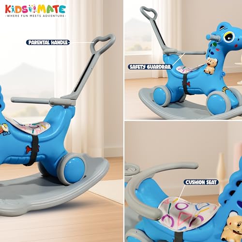 Image of Kidsmate 3-in-1 Push Ride-On and Rocker for Kids 2-5 Years | Ride, Push & Rock Modes | Seat Belt Safety | Non-Toxic & PE Body with Parental Handle | Rocker Horse for Babies (Blue)