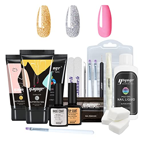 Yayoge Poly Gel Nail Kit - 3 Tubes 30ml Poly Nail Gel Glitter Pink Nail Gel Starter Kit - Nail Extension Gel Set with Slip Solution Professional Technician French Kit