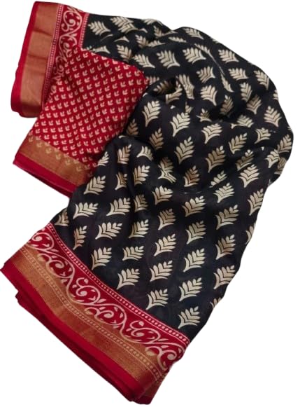 Women's Zari Pattu Woven Border Ajrakh Soft Cotton Crape Saree with Blouse Black Color-picture-20