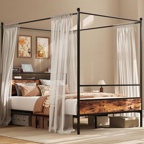 LIKIMIO Canopy Bed Frame Queen with Storage Headboard & Charging...