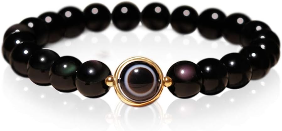 L&C Feng Shui Black Obsidian Wealth Bracelet - 8MM 10MM Women Mens Bracelets Natural Black Obsidian Crystal Evil Eye Agate Bring Luck Prosperity Elastic Stretch Beaded Bracelet for Woman Men