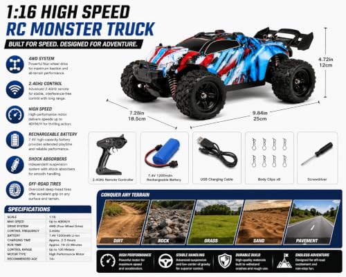 Image of RC Car, 1 /18 Scale 4WD Off Road Monster Truck | 35Km /H High Speed, Brushless Motor, Remote Control Big Foot, Electric Vehicle, For Adult Kids