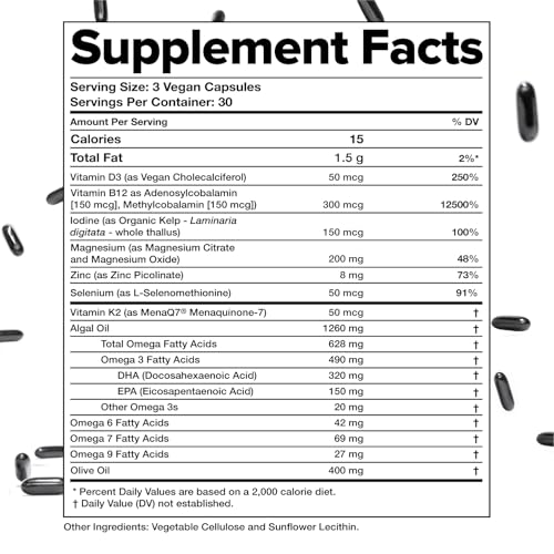 Image of Complement Essential Vegan Multivitamin for Women & Men - Immune Support Supplement with Omega-3 DHA & EPA, B12, Vitamin D3 & K2, Zinc, Selenium, Magnesium, Iodine (30 Servings, 90 Capsules)