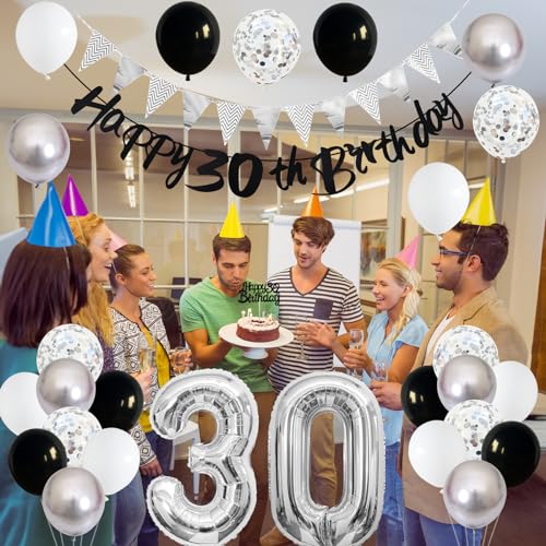 Image of 30th Birthday Decorations for Men, Black Silver 30th Birthday Balloons with Black Happy 30th Banner 30 Cake Topper Decor Number 30 Balloon for Women 30th Party Decoration