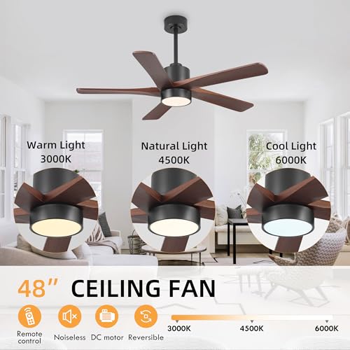 Image of WINGBO 48 Inch DC Ceiling Fan with Lights and Remote Control, 5 Carved Solid Wood Blades, 6-Speed Noiseless Reversible DC Motor, Indoor Ceiling Fan in Matte Black Finish with Walnut Blades