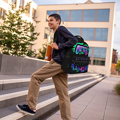 QuillGlyph Mochila escolar para meninos de 8 a 10 anos, mochila abstrata, gamepad, dragão, fogo, liv