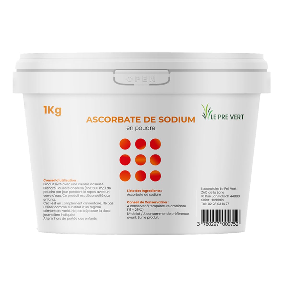 ASCORBATE DE SODIUM 100% pur - Pot 1 KG - Le Pré Vert - Energie - Immunité - Antioxydant