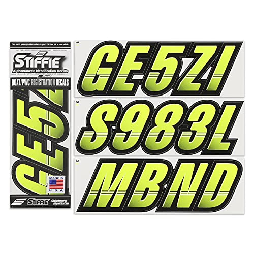 Image of STIFFIE Techtron Day Glow Yellow /Black 3 inch Boat & PWC Registration Decals • Numbers Letters Stickers