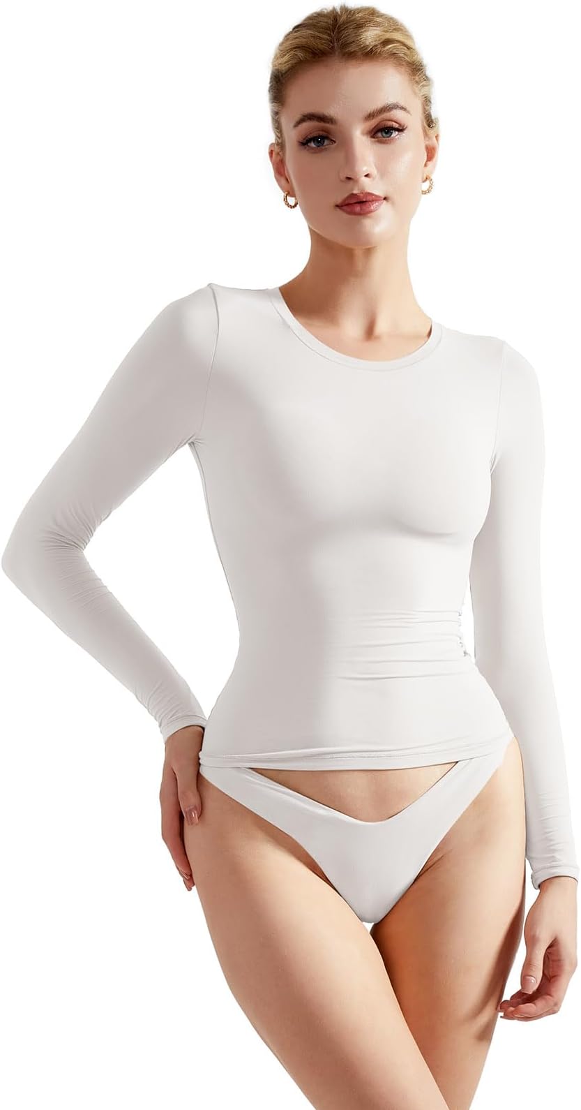Women Double Lined Fitted Basic T Shirts Crew Neck Long Sleeve Crop Top