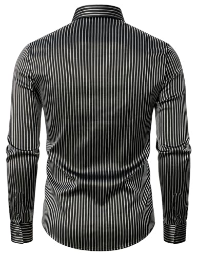 JOGAL Mens Striped Shirts Long Sleeve Textured Satin Party Shirt Slim Fit Wrinkle-Free Button Down Shirts3