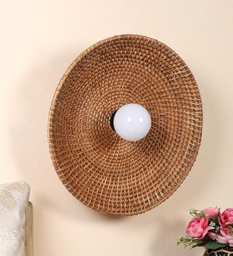 Image of AKWAY Rattan Wall Lamps for Living Room | Bamboo Wall Lights for Bedroom | Cane Wall scones for Home Decoration (Cane Big Saucer - Brown)