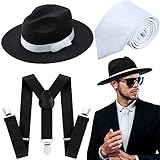 3 Pcs 1920s Mens Costume Mob Boss Accessories Gangster Costume Mobster Hat Suspender Necktie for Halloween (Black Hat, White Necktie)