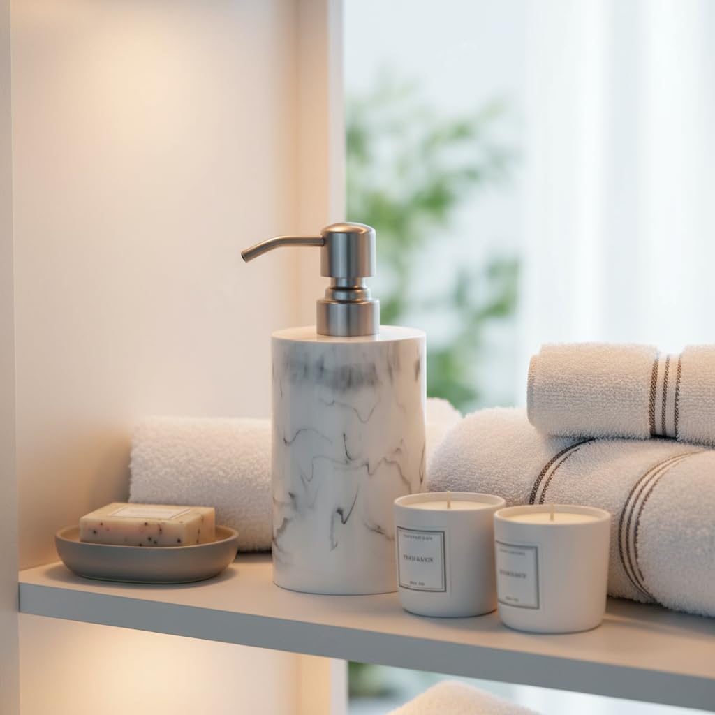 Hand Soap Dispenser White Marble for Bathroom Kitchen, 13.5oz Resin Bottle with Brushed Nickel Stainless Steel Pump, Cylindrical Bottle Countertop - for Liquid Soap, Lotion and Dish Soap