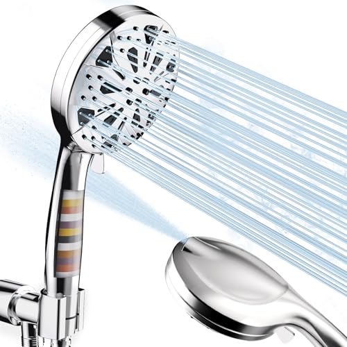 LUXEAR 10-mode Handheld Shower Head with Hose High Pressure Showerhead with 16-stage Filter for Hard Water Built-in Power Wash Shower Sprayer with ON/OFF Switch 4.7 Chrome Face Non-clogging Nozzles