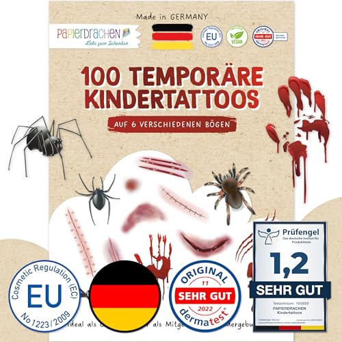 Papierdrachen 100 Tattoos zum Aufkleben aus Deutschland – Klebetattoos zu Halloween mit Narben, Blut, Wunden, Kratzern und Spinnen – für das Halloweenkostüm – vegan – Set 18., 5.9 €