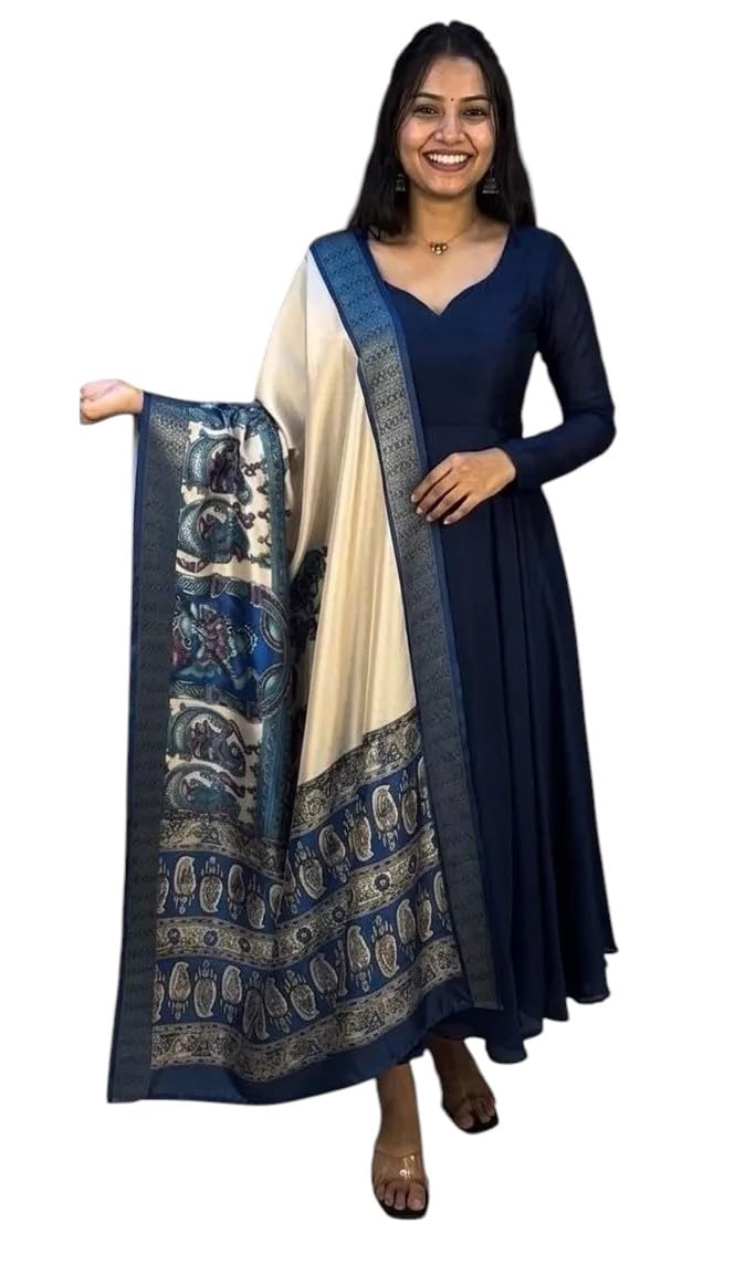 Women's Vichitra Silk Anarkali Kurta with Kalamkari Printed Dupatta | Long Flared Ethnic Gown-picture-42