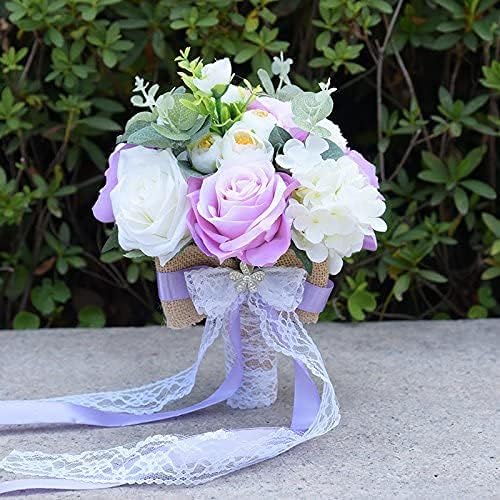 Ansuma Artificial Flowers Wedding Bouquets for Bride, 10 Inch Lavender White Rose Bridal Bouquet for Wedding Ceremony Anniversary Bridal Shower and French Rustic Wedding (Bridemaid Bouquet)