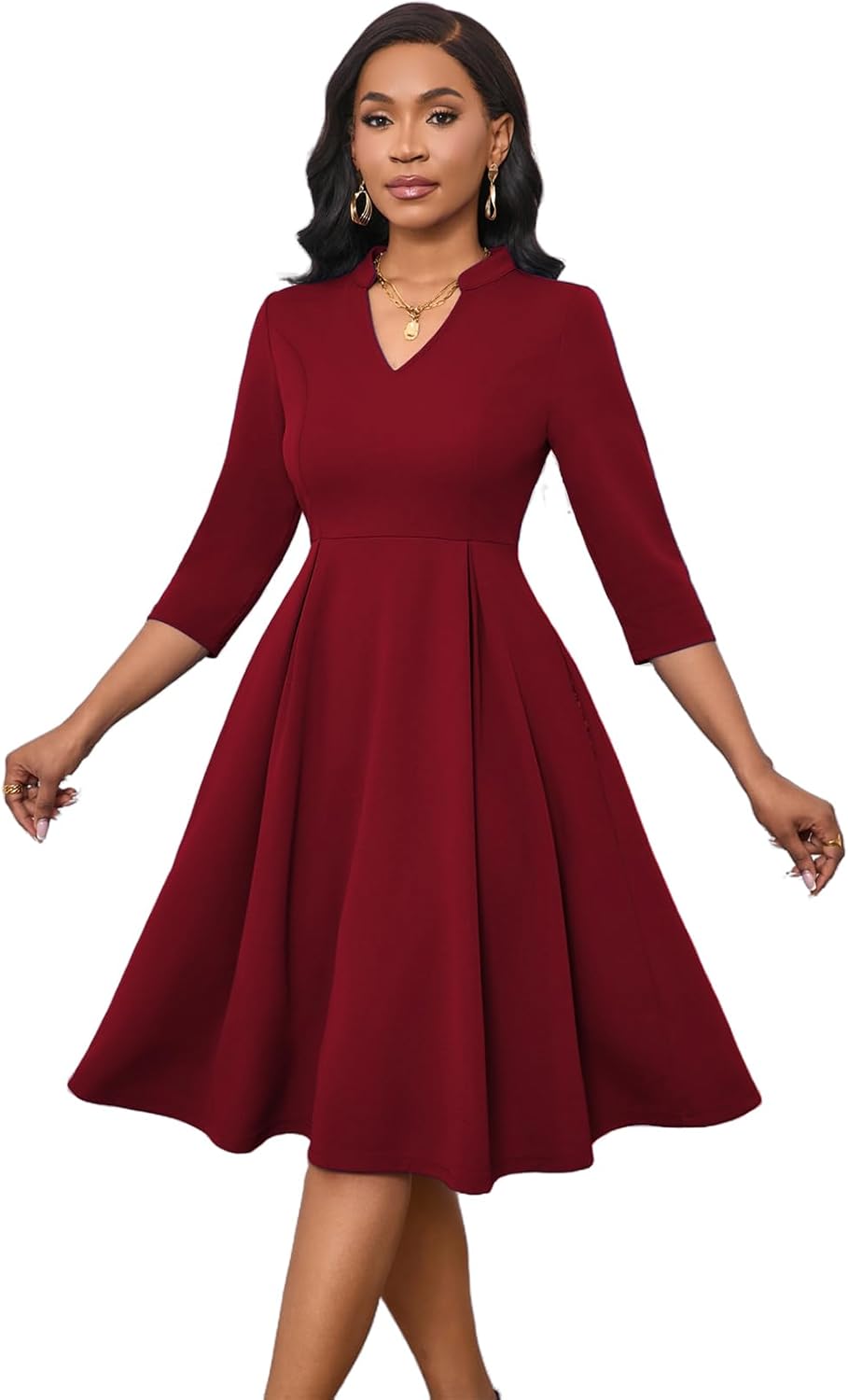 Max2co Midi Dresses for Women Semi Formal Fit and Flare A-Line Swing Dress 3/4 Sleeve Church Cocktail Dress with Pockets