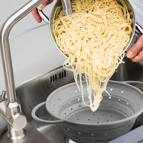 Scolapasta Pieghevoli, Scolino da Cucina in Silicone con Manici, Cestello Scolapasta per Scolare Pasta, Verdura, Frutta e Fagioli, Medio, Grigio - immagine 4