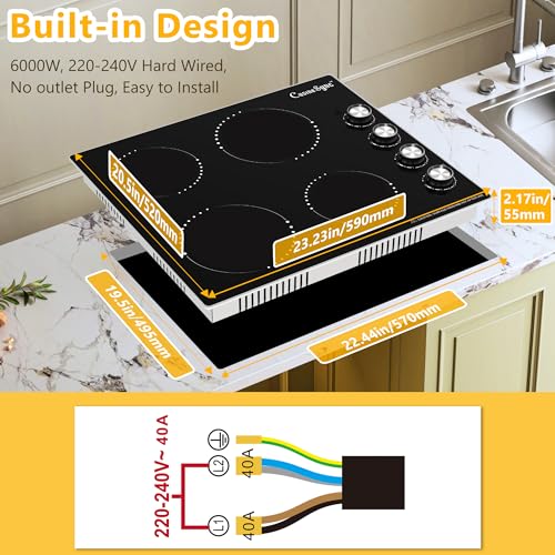 Image of 24 Inch Electric Cooktop, 4 Burner Ceramic Stove with 9 Power Levels, Knob Control, Auto shutdown and Residual Heat Warning, 6000W, 220-240V for Hard Wire
