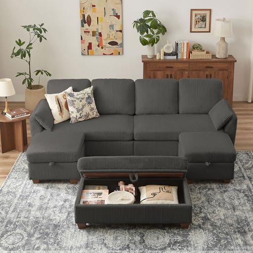 Image of Convertible Sectional Sofa with Storage Ottomans & Long Bench /Coffee Table, Modern Corduroy, U-Shaped Couch with Double Chaise, 4 Seat Sofa Set Couches for Living Room, Apartment, Dark Grey