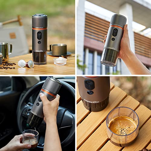 Image of CONQUECO Portable Espresso Coffee Maker Electric - 12V Car Espresso Machine - Capsule Cafetiere with Rechargeable Battery - Small Electric - 3 Minutes Heating For Camping (Brown)
