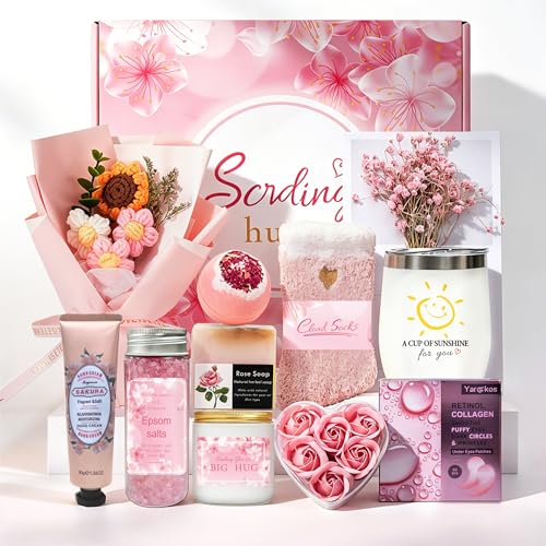 Birthday Gifts for Women 11 Pcs Self Care Gift Basket Set for Mom Sister Friend Pink Themed Get Well Soon Pamper Box Relaxation Spa Presents for Her Inspirational Cheer Up Thank You Care Pack