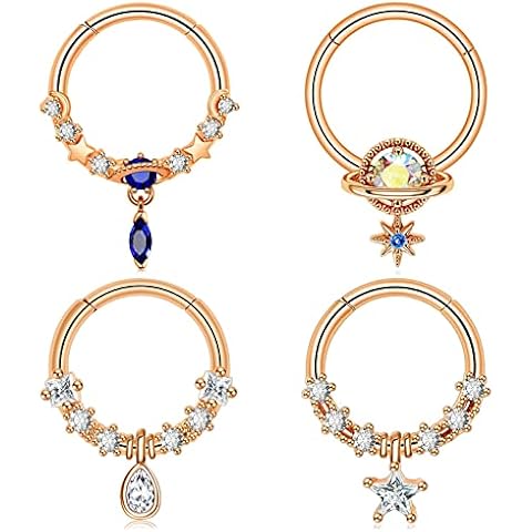 Beautidots 4Pcs Septum Rings 16G Dangle Nose Rings with CZ Star Blue Planet Teardrop Clicker Rings Surgical Steel Daith Helix Earrings Cartilage Piercing Jewelry for Women Cover