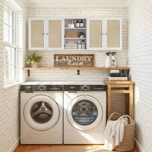 Image of Rattan Wall Cabinets for Laundry Room, 24 INCH Floating Wall Cabinets with 15.8 INCH Shelf for Bathroom, Hanging Wall Cabinet for Bedroom, Kitchen, Bathroom(3PCS, White)