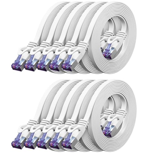 deleyCON 10x 0,25m Flaches CAT7 Netzwerkkabel (CAT 7 mit 10 Gbit/s) Gigabit LAN - RJ45 Ethernet Kurzes Patchkabel Flach - f&uuml;r Internet Switch Router Modem Patchpanel - Wei&szlig;