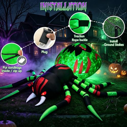 Image of 11FT Halloween Inflatables Spider Outdoor Decorations for Yard, Giant Blow up Green Spider with Rotating Fire Flame Light, Large Spooky Spider for Halloween Party Garden Lawn House Holiday Decor