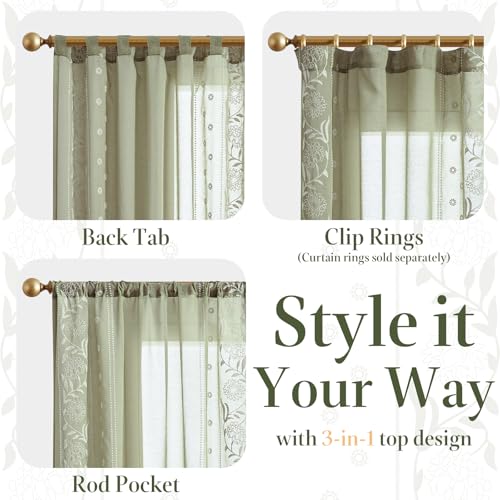 Image of jinchan Winslow Sheer Curtains 63 Inch Length for Bedroom Bordered Floral Pattern Decorations Short Curtains for Windows Light Filtering Window Treatments, 50 inch x 63 inch, Ivory on Sage, 2 Panels