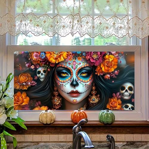 Película decorativa adhesiva para ventana diseño calavera floral miniatura 6