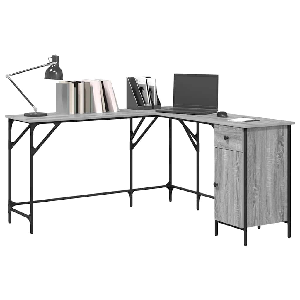 Scrivania angolare per computer in legno Sonoma, con telaio in metallo, 141 x 141 x 75 cm, a forma di L, con vano portaoggetti, gambe regolabili in altezza, salvaspazio, per ufficio e casa