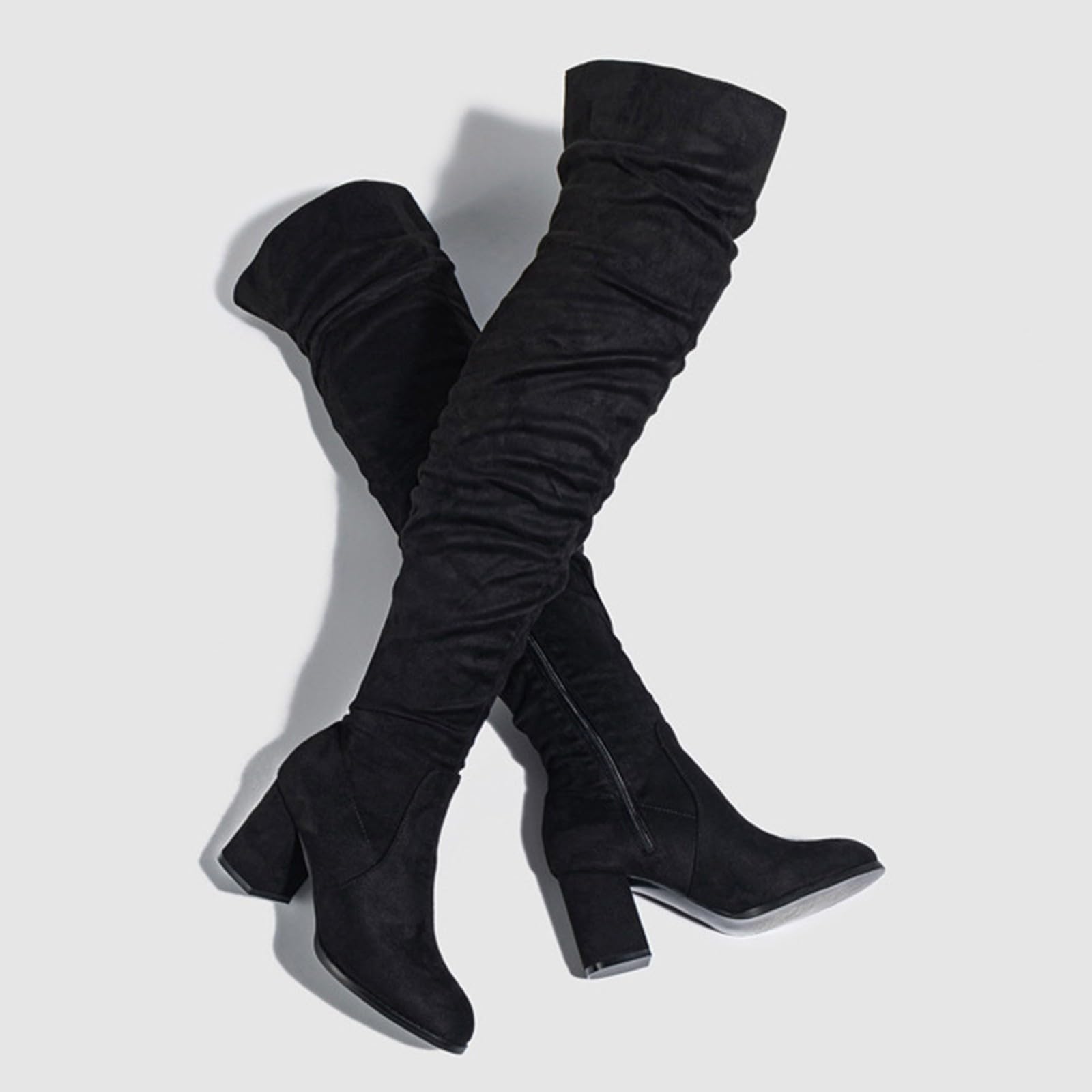 Botas de Invierno Mujer Zapatos de Mujer Moda hasta la Rodilla Botas largas Tacones Gruesos sobre la Rodilla largas Gamuza Plisada