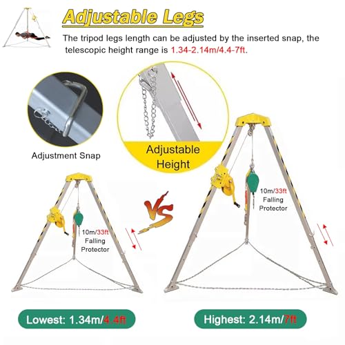 Trépied robuste pour espaces confinés, pieds télescopiques en aluminium, système de protection contre les chutes pour puits profonds, drains, conduits, treuil de 544,3 kg avec harnais de sécurité