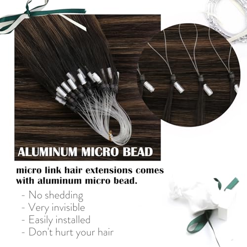 Moresoo Micro Loop Hair Extensions Real Human Hair 24 Inch Balayage Darkest Brown and Chestnut Brown Invisible Micro Beads Hair Extensions 1g/s 50g/Pack #2/6/2 - Image 3