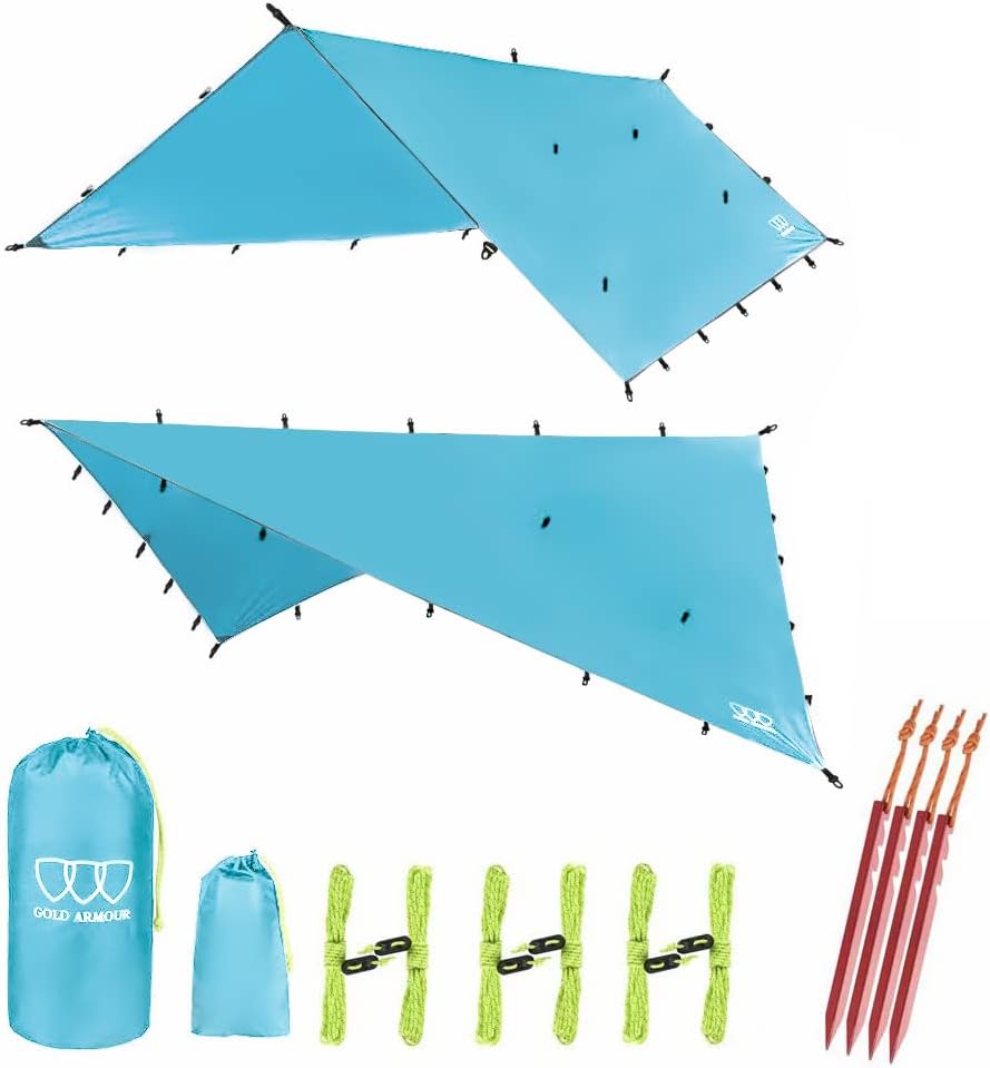 Gold Armour Rainfly Tarp Hammock, Premium 14.7ft/12ft/10ft/8ft Rain Fly Cover, Waterproof Ultralight Camping Shelter Canopy, Survival Equipment Gear Camping Tent Accessories (Sky Blue 10ft x 10ft)