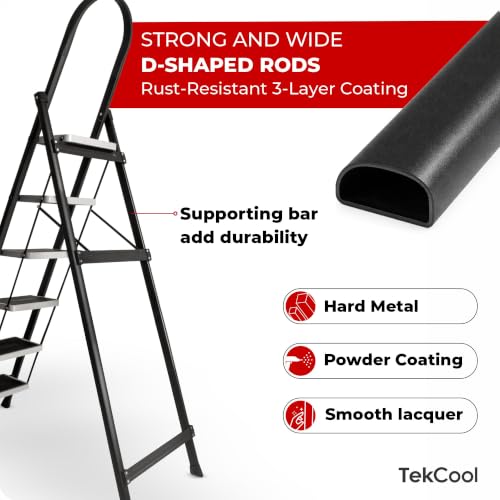 Image of TEKCOOL Ladder for Home 6 Steps Foldable with Built-in Tool Tray | Heavy Duty D Shape Rods | 20 x 30cm Large Platform | Wide Rubber Feet | Secure Lock | 150Kg Capacity