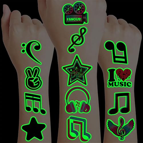 96PCS Music Note Notes Musical Pre-Cut Luminous Glow in the dark Temporary Tattoos for Kids Birthday Themed Party Supplies Decorations Favors Super Cute Instrument Stickers Tattoo Gifts for Boys Girls