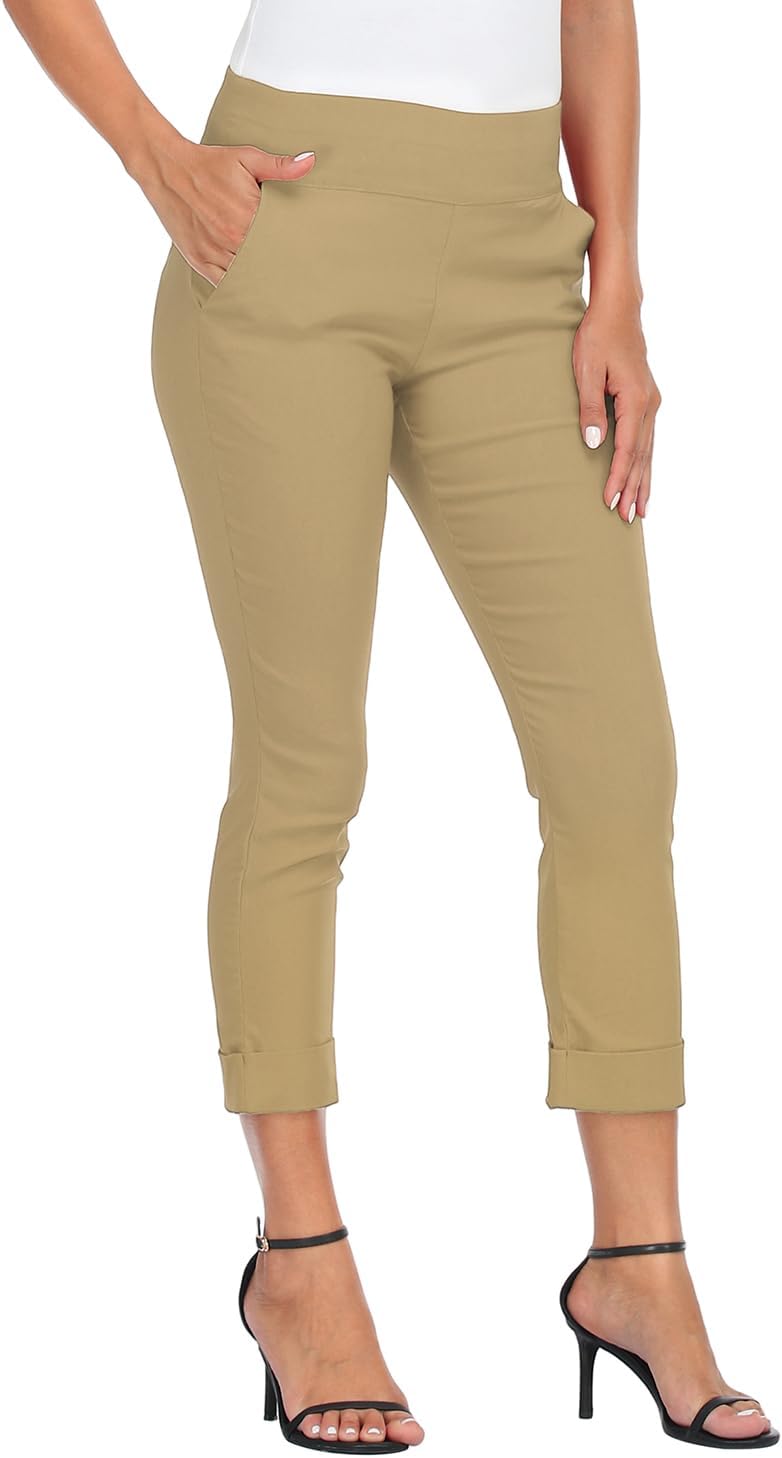 Pull On Capri Pants for Women Elastic Waist Work Casual Dress Cropped Pants with Pockets & Cuff