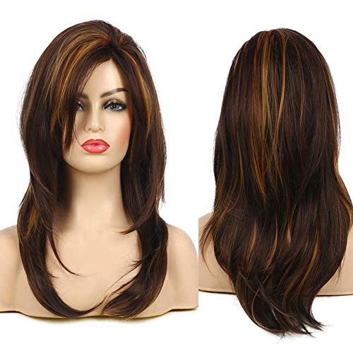 Kaneles Long Layered Wig for Women Brown and Blonde Hair Full Wig Shoulder Length Synthetic with Highlights