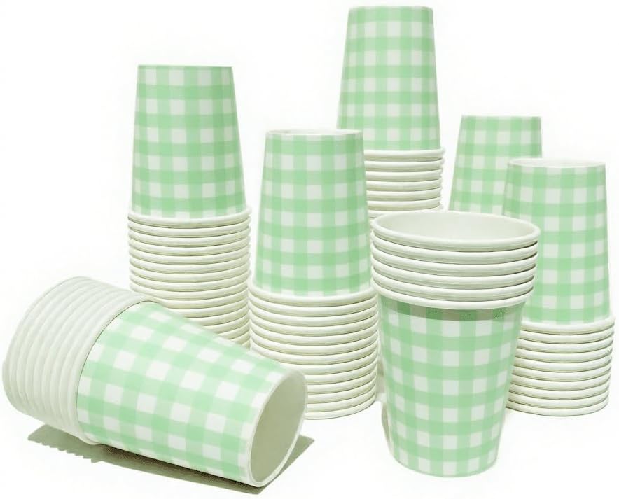 Sage Green Gingham Party Paper Drinking Cups, 100 Pack 9 oz Checkered Cups Disposable Plaid Party Supplies Decorations, for Picnic Birthday Baby Shower Wedding(Green)